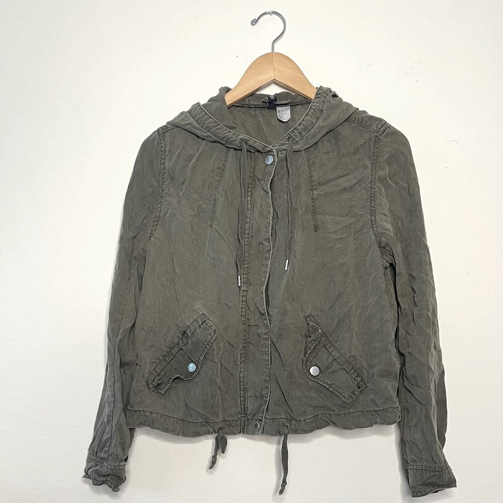 Divided Hooded Army Green Military Utility Light Zip Snap Pockets Jacket Size 10